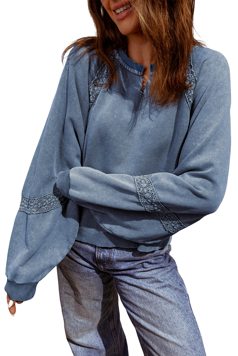 Red Dahlia Lace Applique Notched Neck Mineral Wash Baggy Sweatshirt