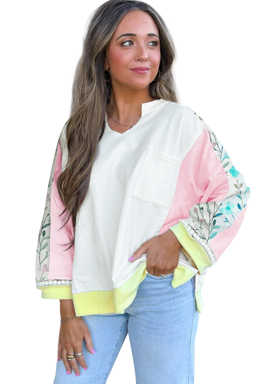 Light Pink Floral Colorblock Patchwork Notched Neck Long Sleeve Top