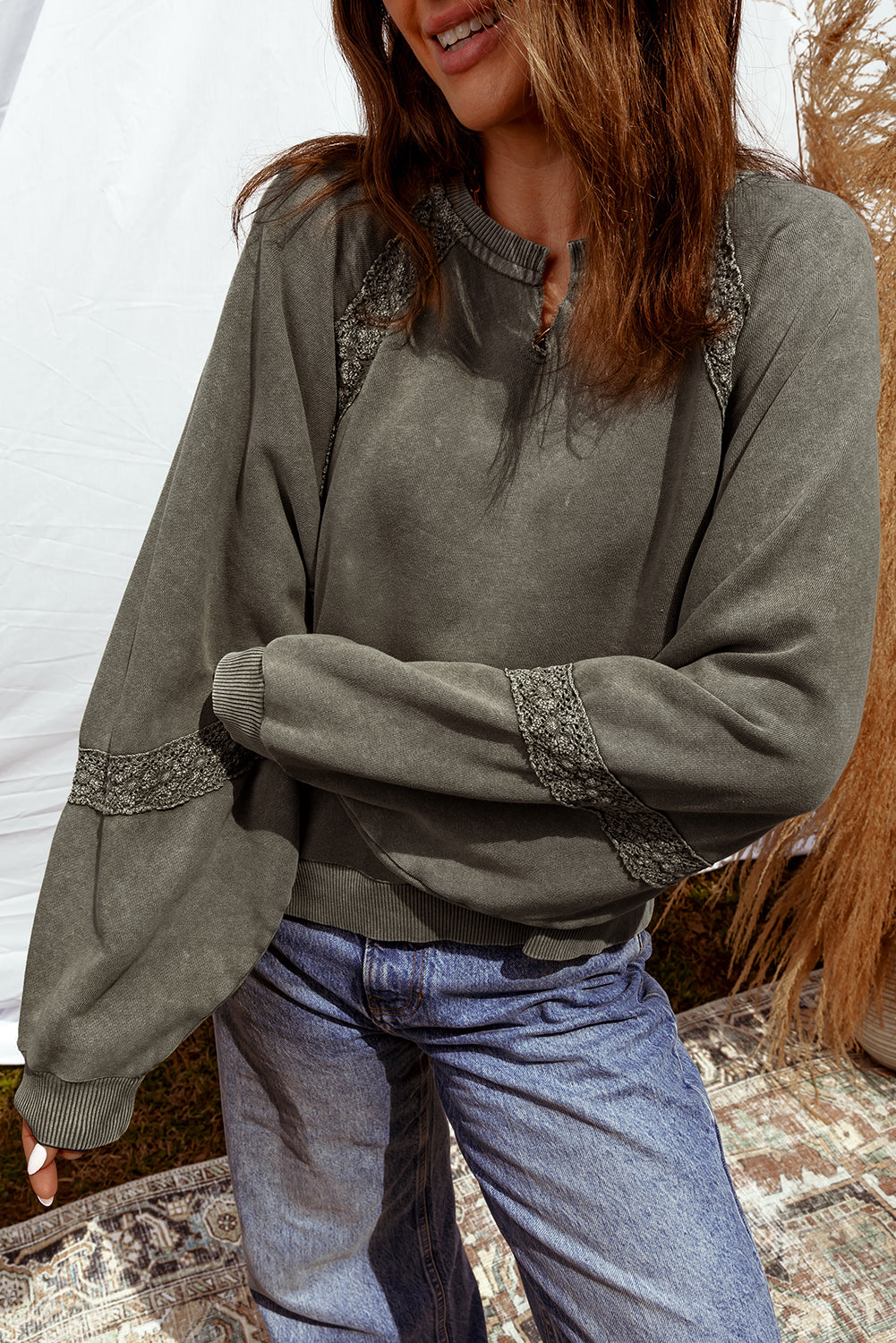 Red Dahlia Lace Applique Notched Neck Mineral Wash Baggy Sweatshirt