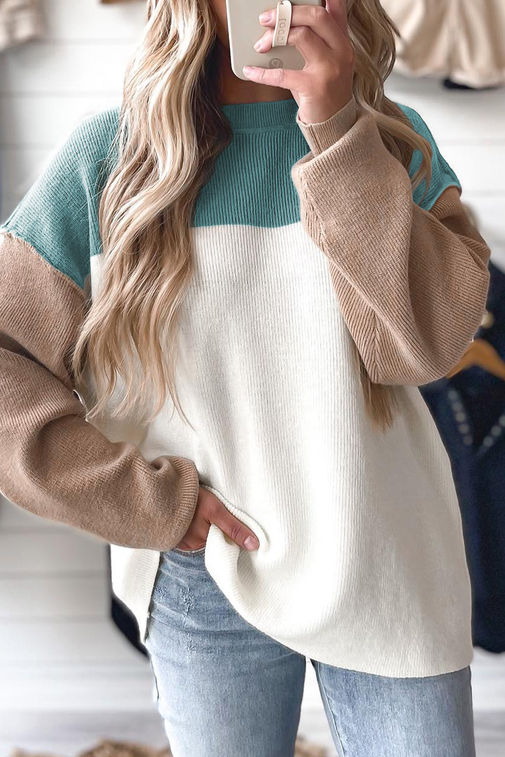 Khaki Colorblock Ribbed Knit Baggy Sweater