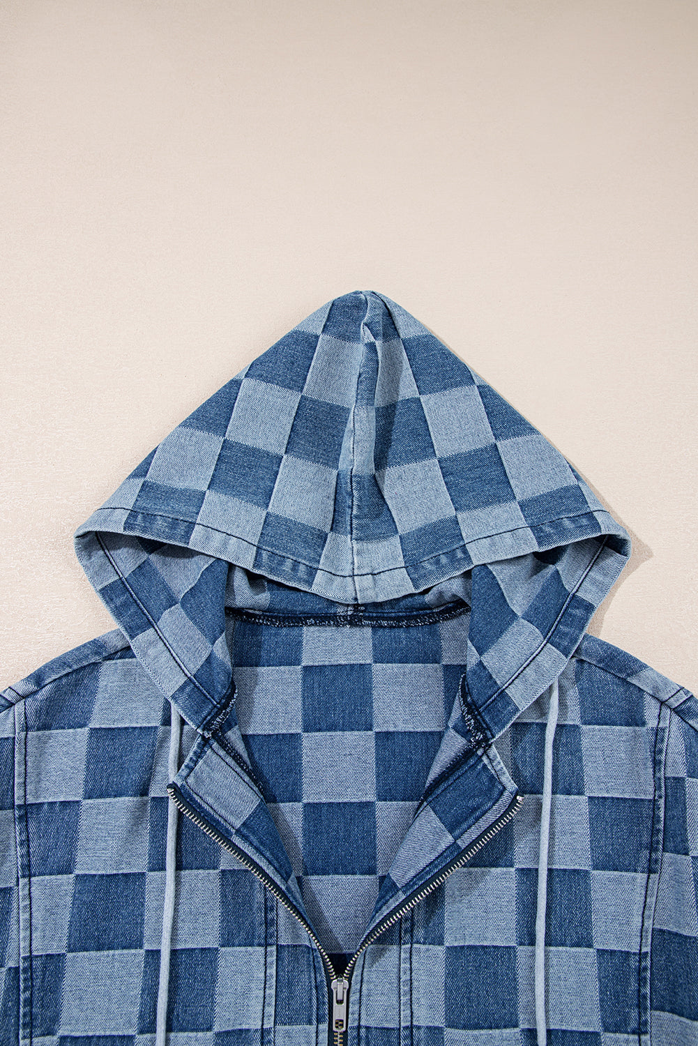 Sky Blue Checkerboard Zipped Collar Kangaroo Pocket Denim Hoodie