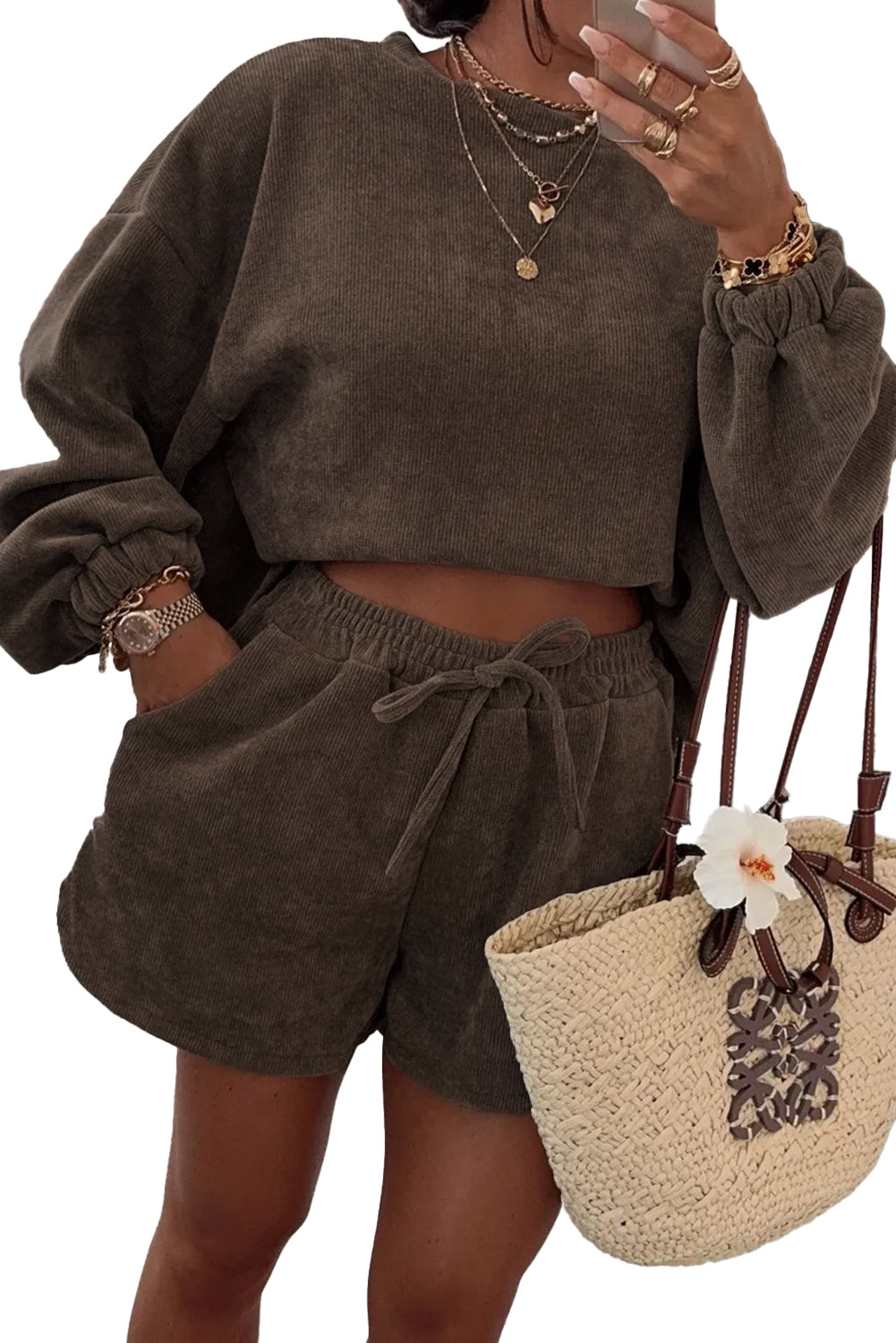 Jet Stream Textured Knit Drop Shoulder Pullover Drawstring Shorts Set