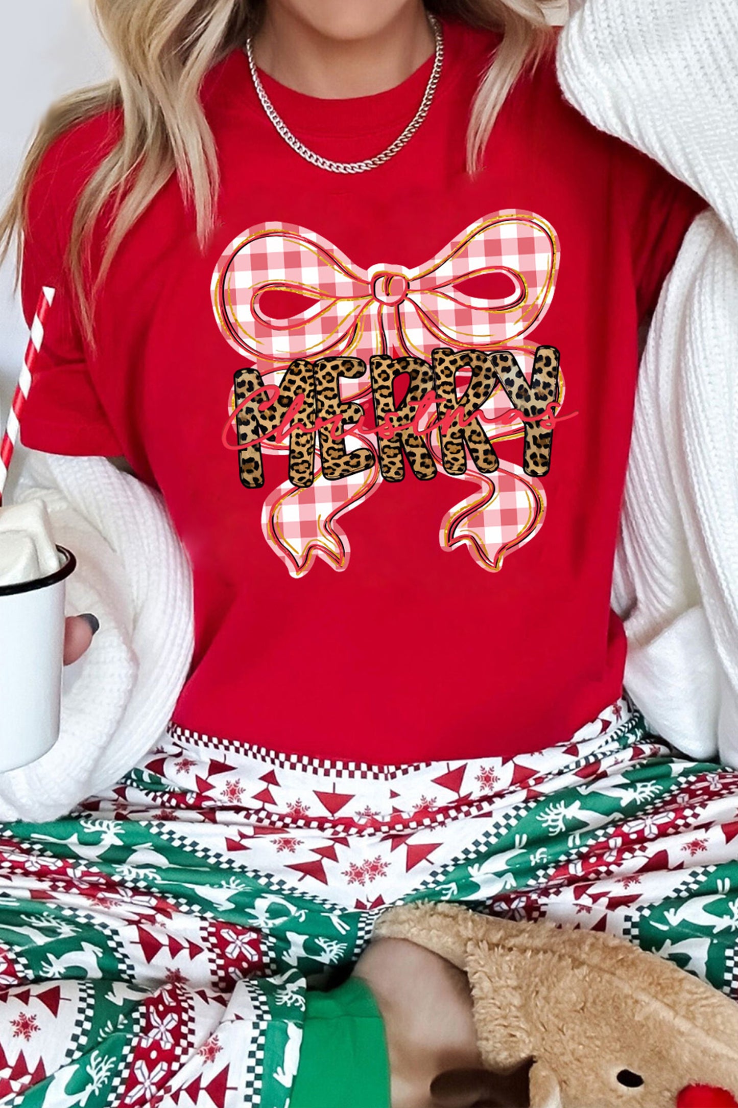 Red Leopard Merry Christmas Plaid Bow Graphic Holiday T Shirt