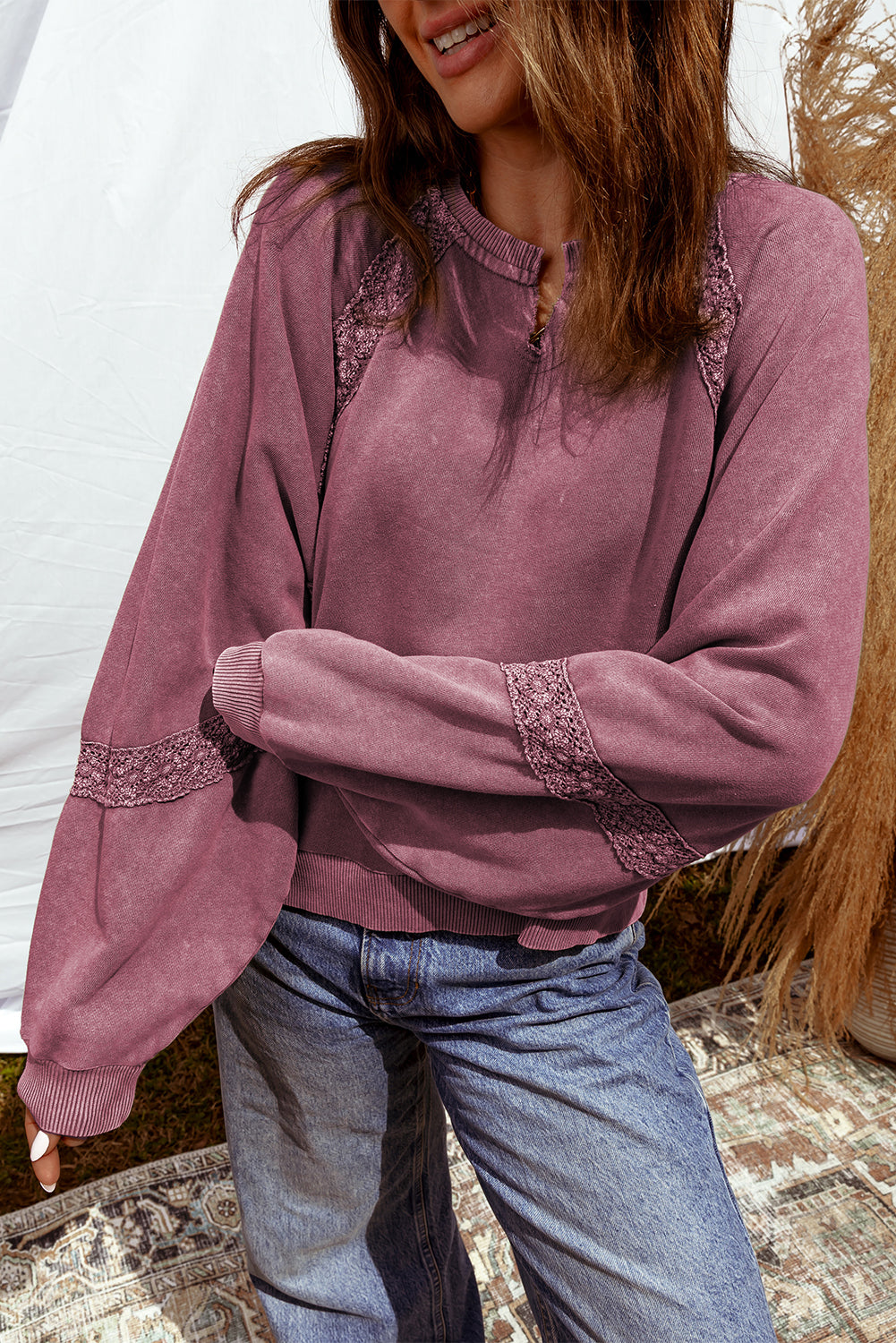 Red Dahlia Lace Applique Notched Neck Mineral Wash Baggy Sweatshirt