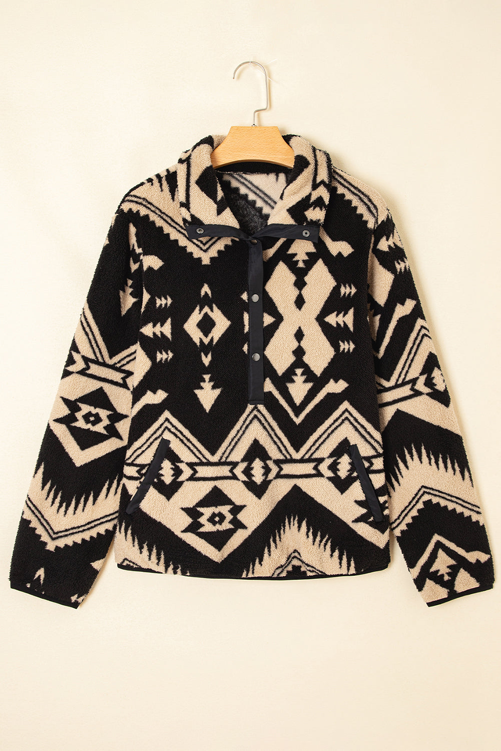 Beige Vintage Geometric Half Zip Plush Sweatshirt