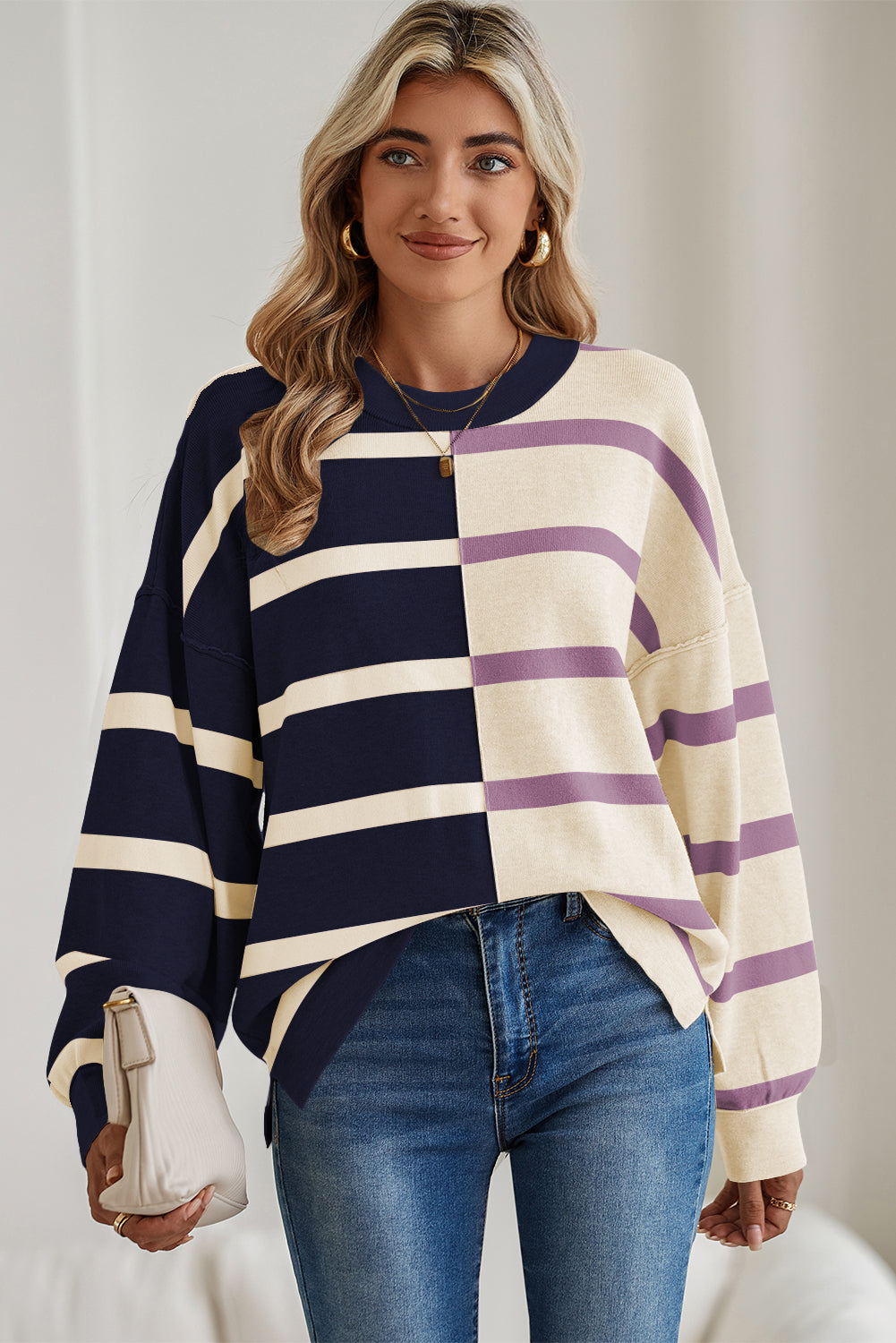 Blue Stripe Exposed Seam Patchwork Loose Sweater
