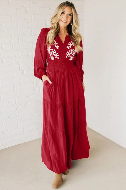 Racing Red Contrast Embroidered Detail Cinched Waist Tiered Long Sleeve Maxi Dress