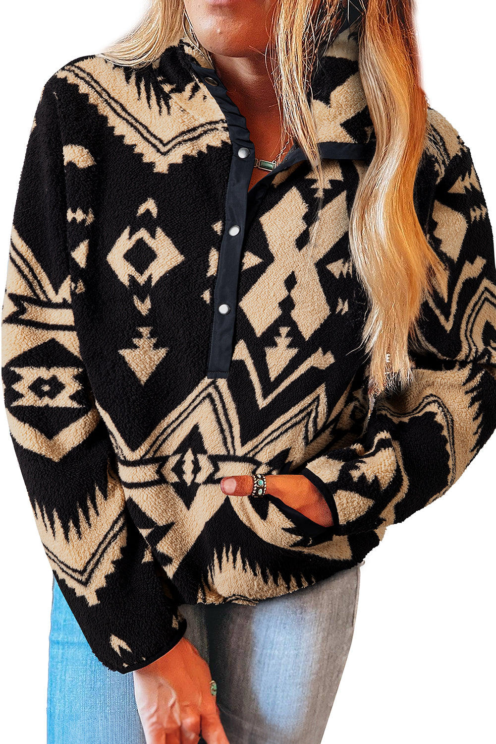 Beige Vintage Geometric Half Zip Plush Sweatshirt