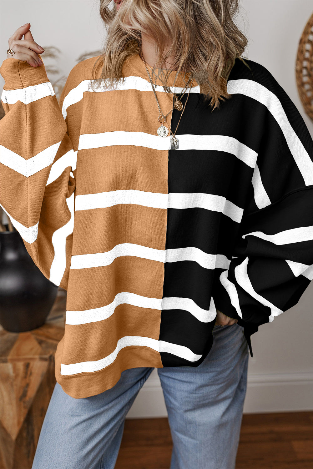 Blue Stripe Exposed Seam Patchwork Loose Sweater