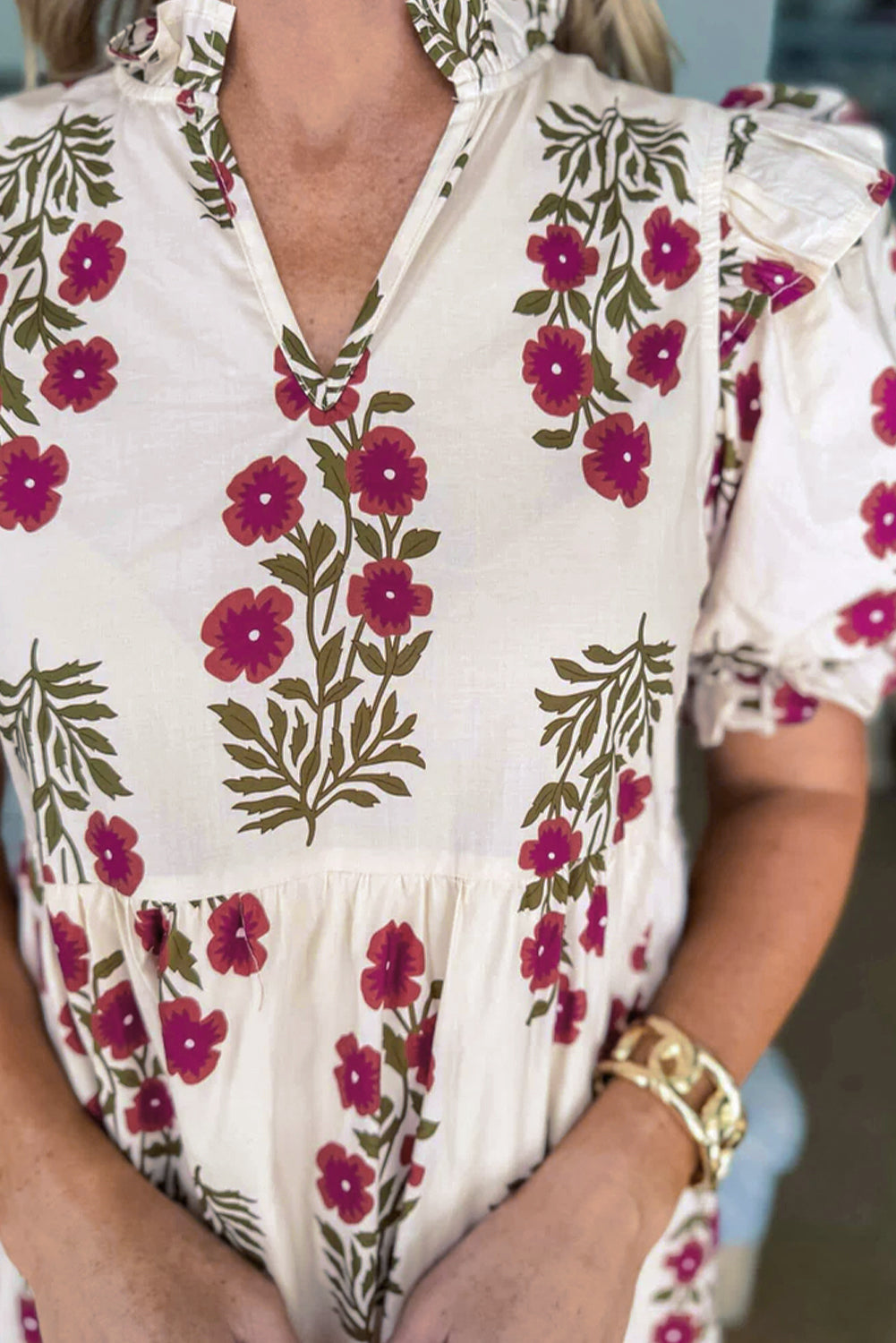 Beige Floral Short Bubble Sleeve Tiered Maxi Dress