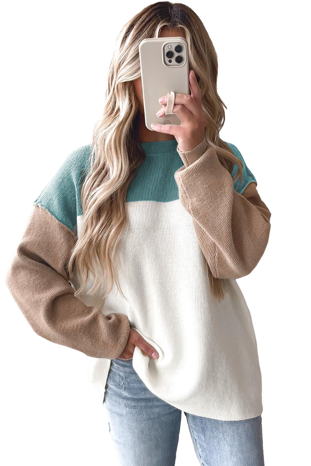Khaki Colorblock Ribbed Knit Baggy Sweater