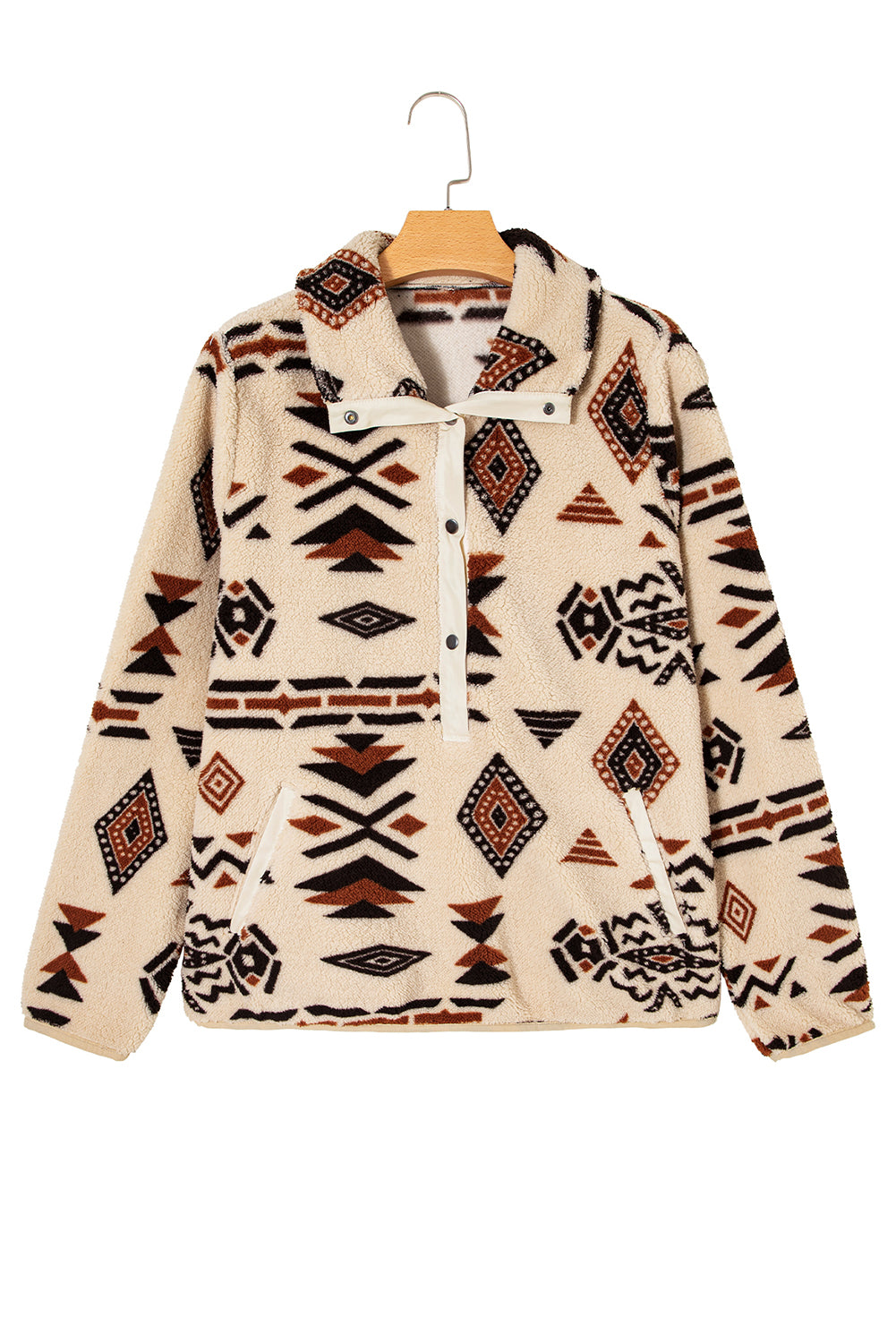 Beige Vintage Geometric Half Zip Plush Sweatshirt