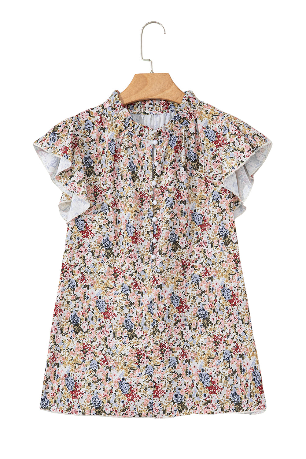 Red Boho Floral Frilled Button Neck Ruffle Short Sleeve Blouse