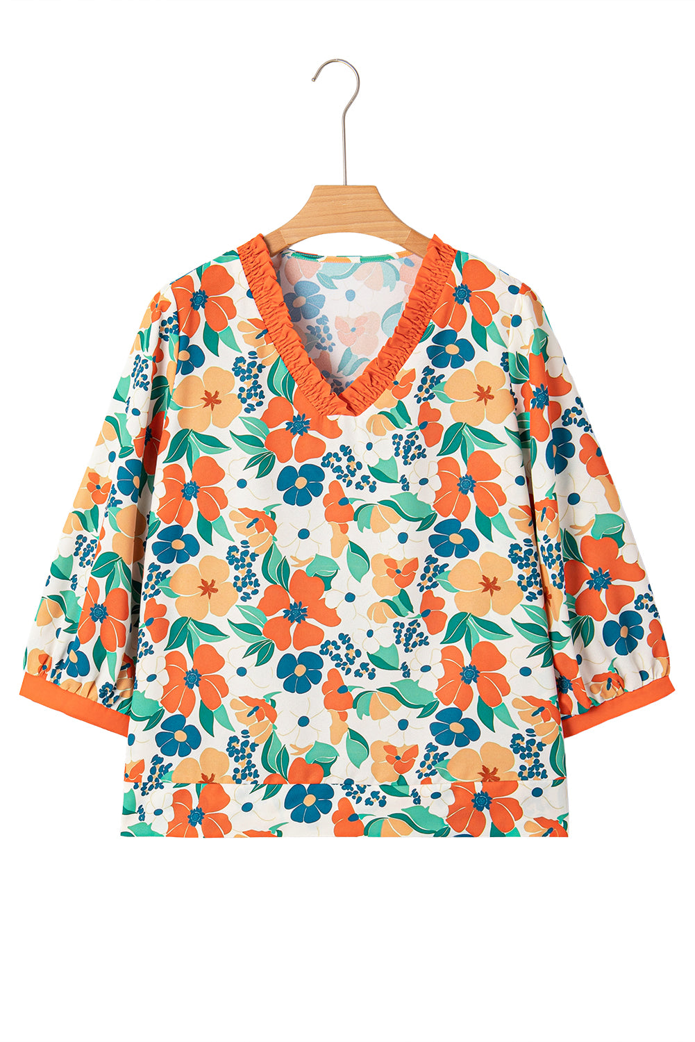Orange Frilled V Neck Floral Print Bracelet Sleeve Blouse