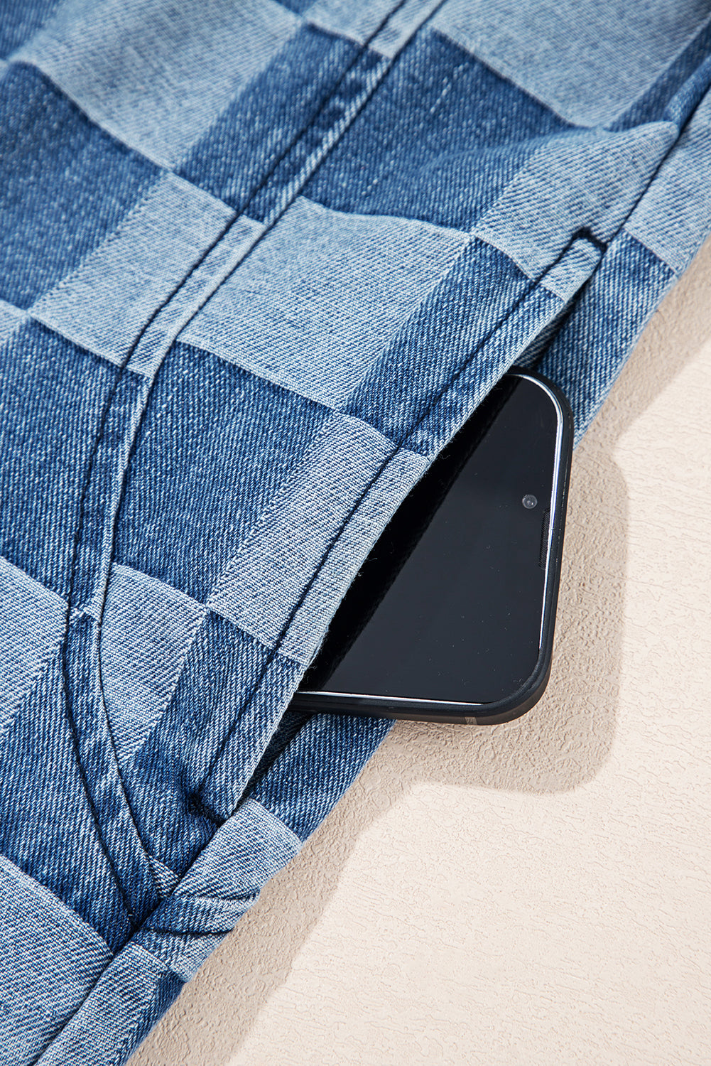 Sky Blue Checkerboard Zipped Collar Kangaroo Pocket Denim Hoodie