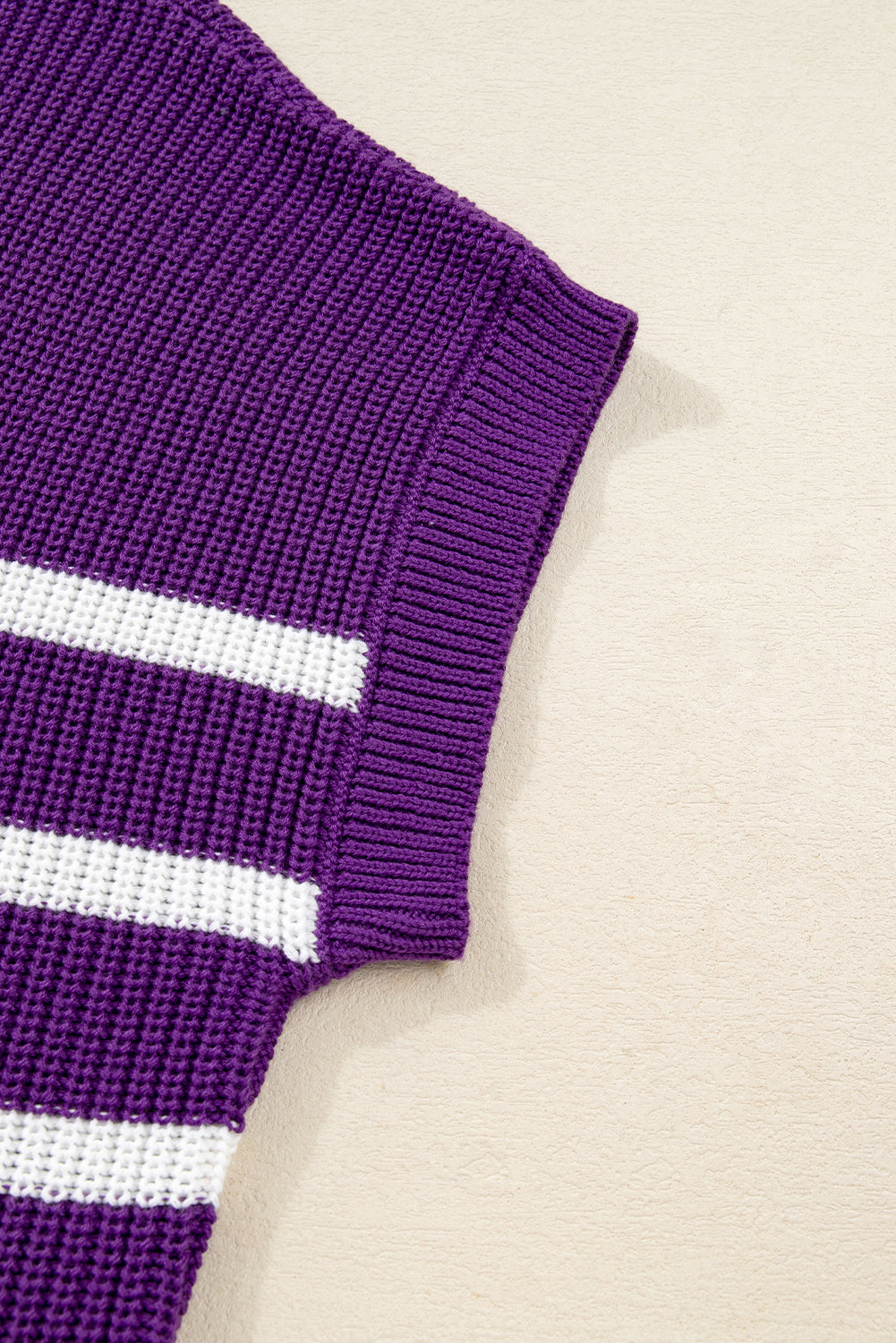 Purple Stripe Raw Edge Patched Pocket Short Sleeve Knit Sweater