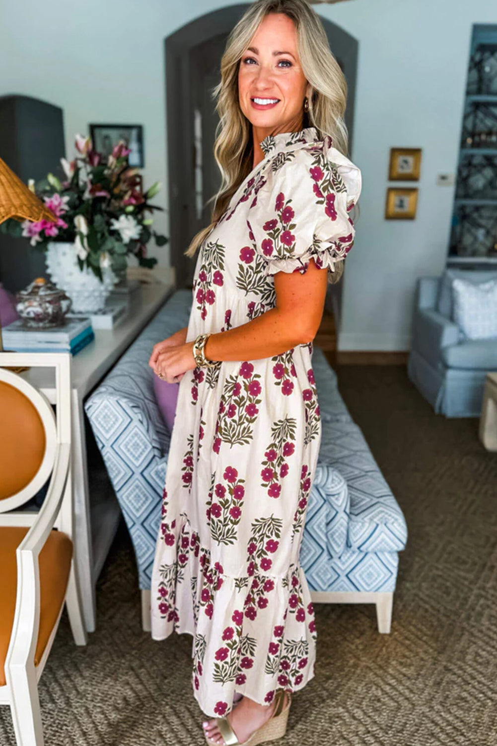Beige Floral Short Bubble Sleeve Tiered Maxi Dress