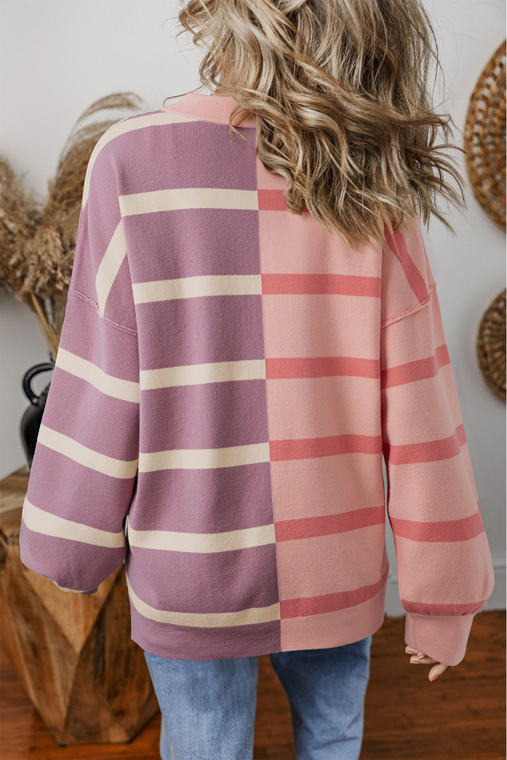 Blue Stripe Exposed Seam Patchwork Loose Sweater