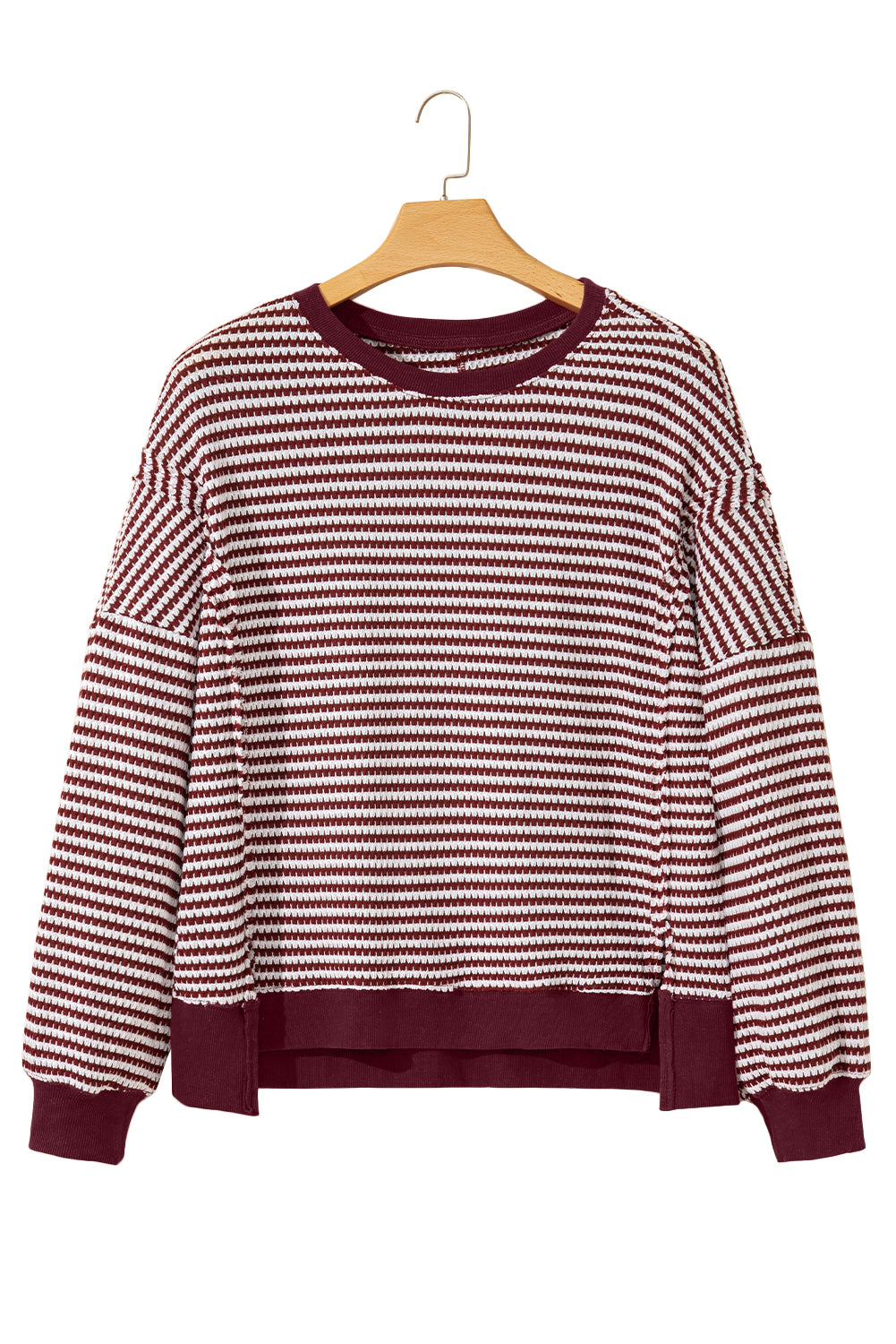 Red Stripe Ribbed Trim Drop Shoulder Long Sleeve Oversized Top