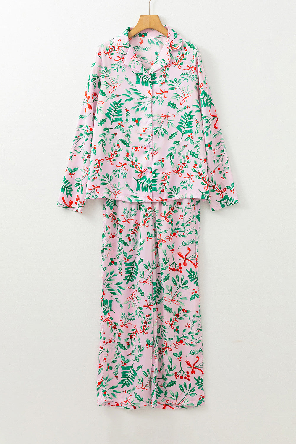 Pink Christmas Print Plush Edge Collar Shirt Pants Pajama Set