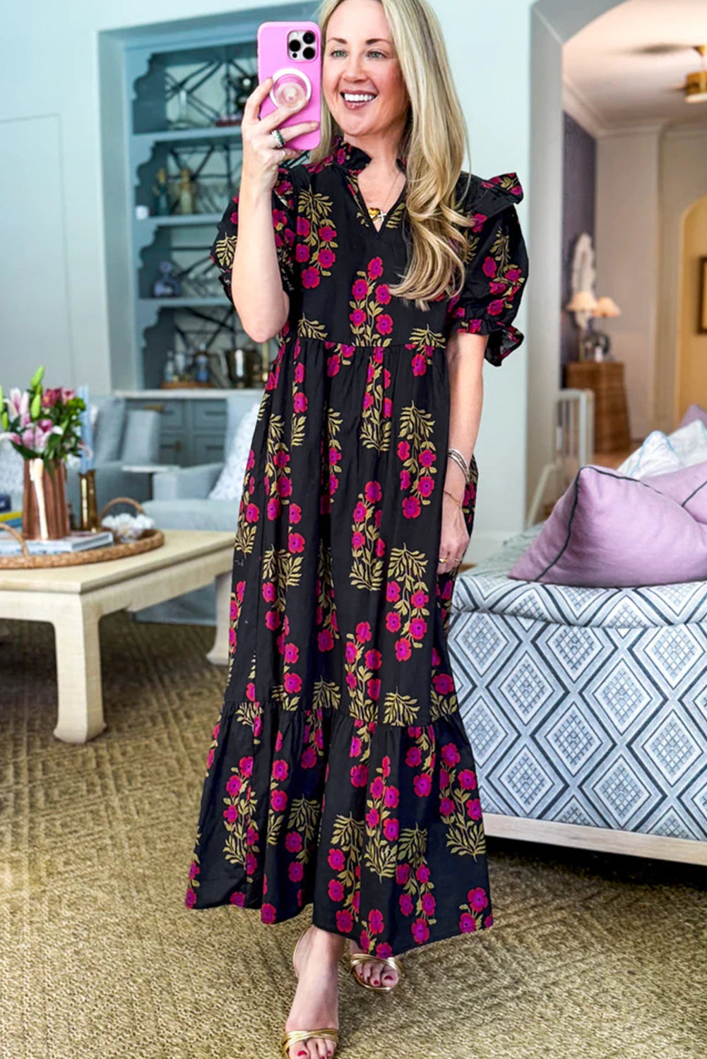 Beige Floral Short Bubble Sleeve Tiered Maxi Dress