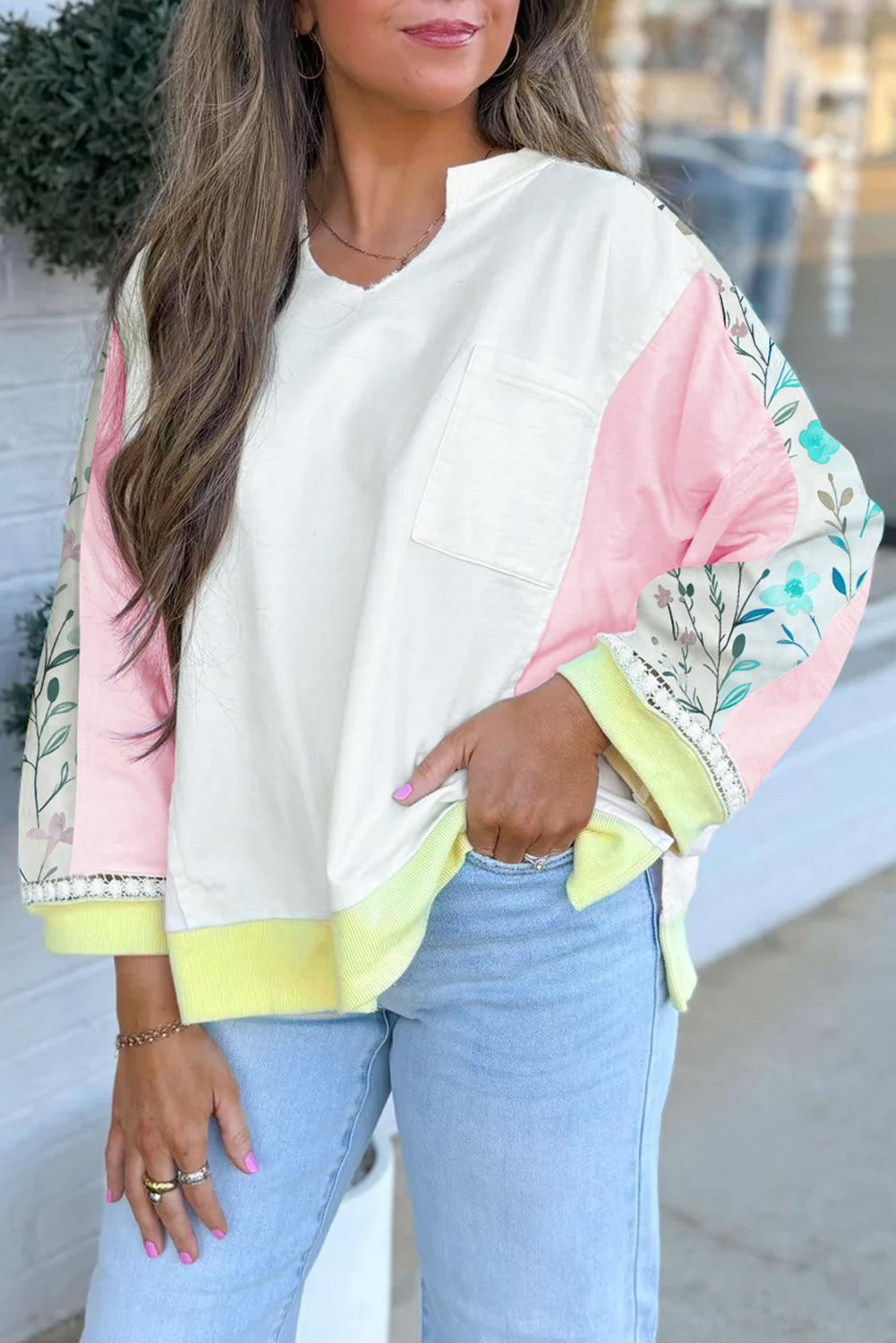 Light Pink Floral Colorblock Patchwork Notched Neck Long Sleeve Top