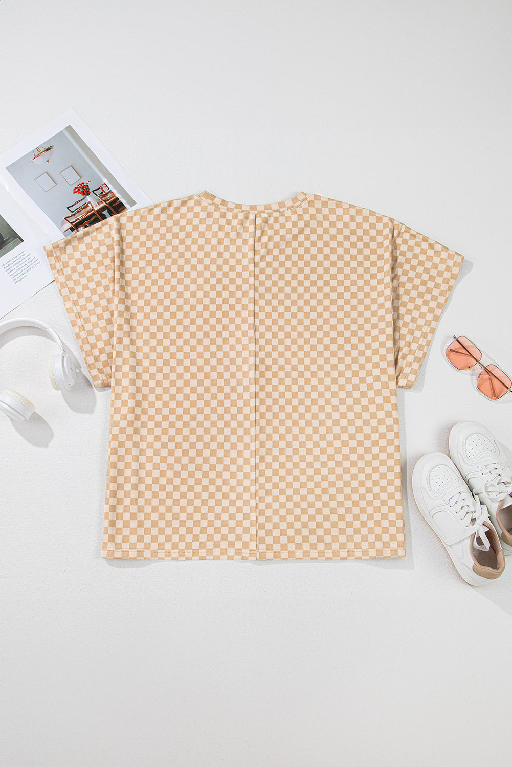 Khaki Checkered Batwing Sleeve Plus Size T Shirt