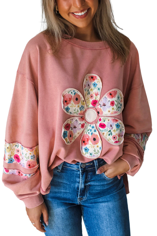 Peach Blossom Flower Applique Patchwork Drop Sleeve Pullover Sweatshirt