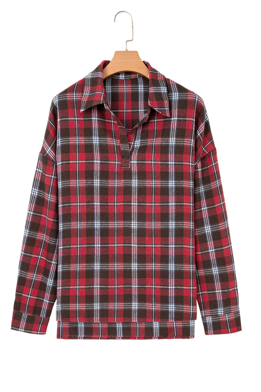 Red Plaid Print Collared V Neck Loose Blouse with Side Slits