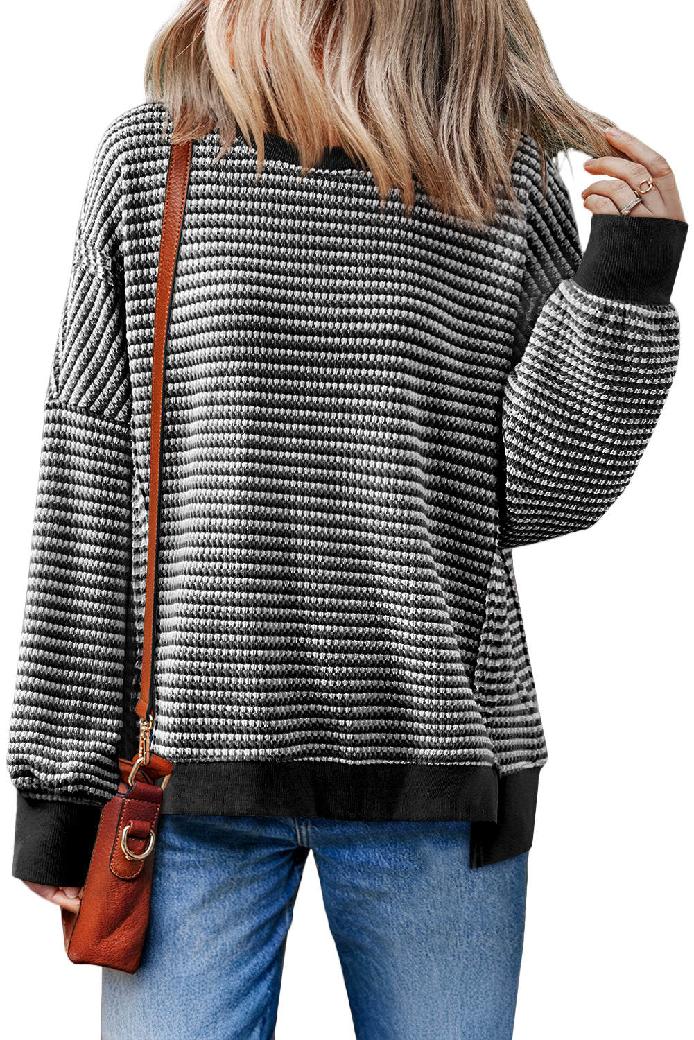 Red Stripe Ribbed Trim Drop Shoulder Long Sleeve Oversized Top