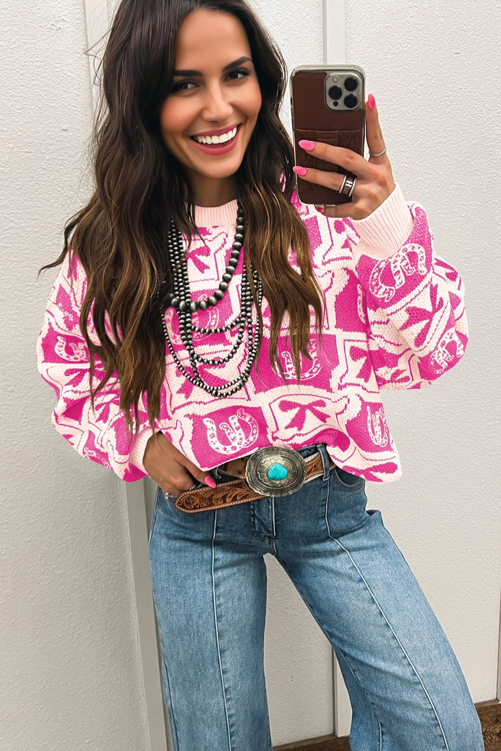 Pink Colorblock Bow Pattern Drop Sleeve Sweater
