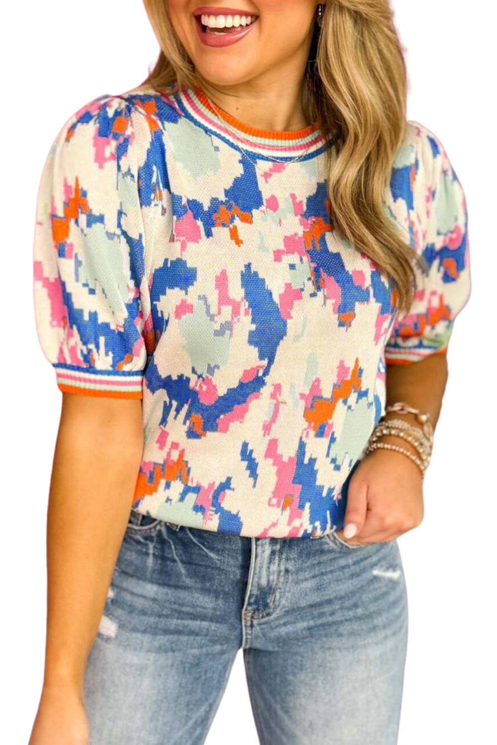 Apricot Abstract Pattern Contrast Striped Trim Short Sleeve Sweater