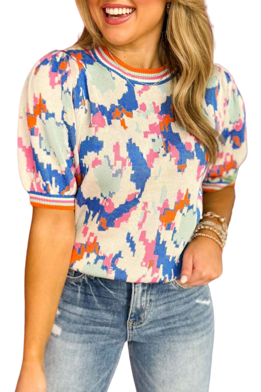 Apricot Abstract Pattern Contrast Striped Trim Short Sleeve Sweater
