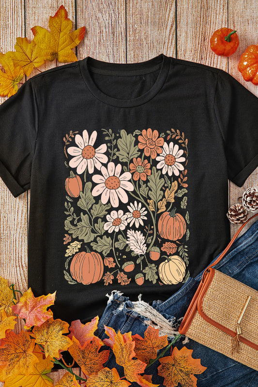 Black Wild Flower Pumpkin Print T Shirt
