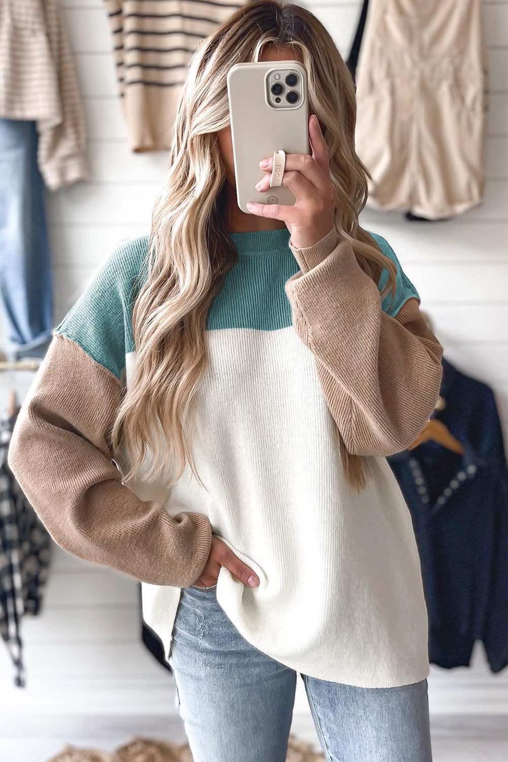 Khaki Colorblock Ribbed Knit Baggy Sweater