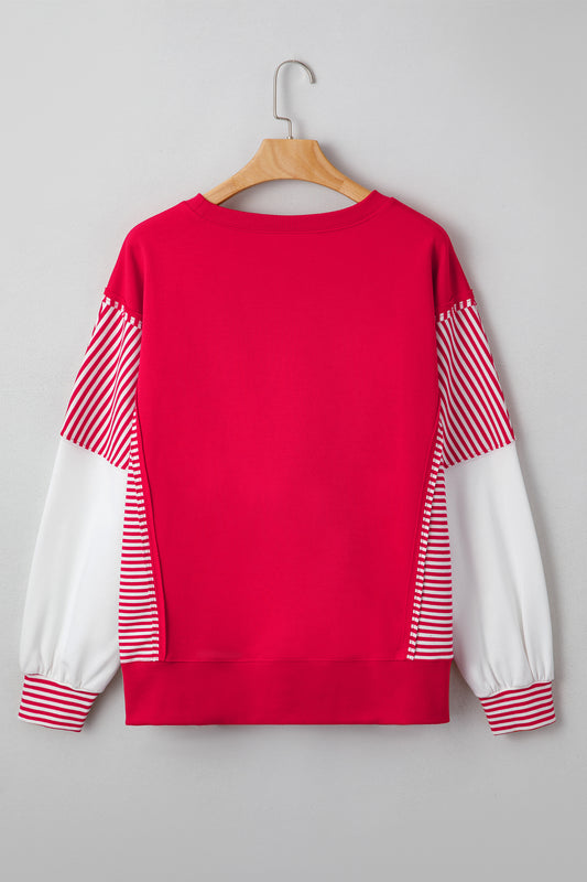 Fiery Red Striped Patchwork Sleeve Colorblock Sweatshirt