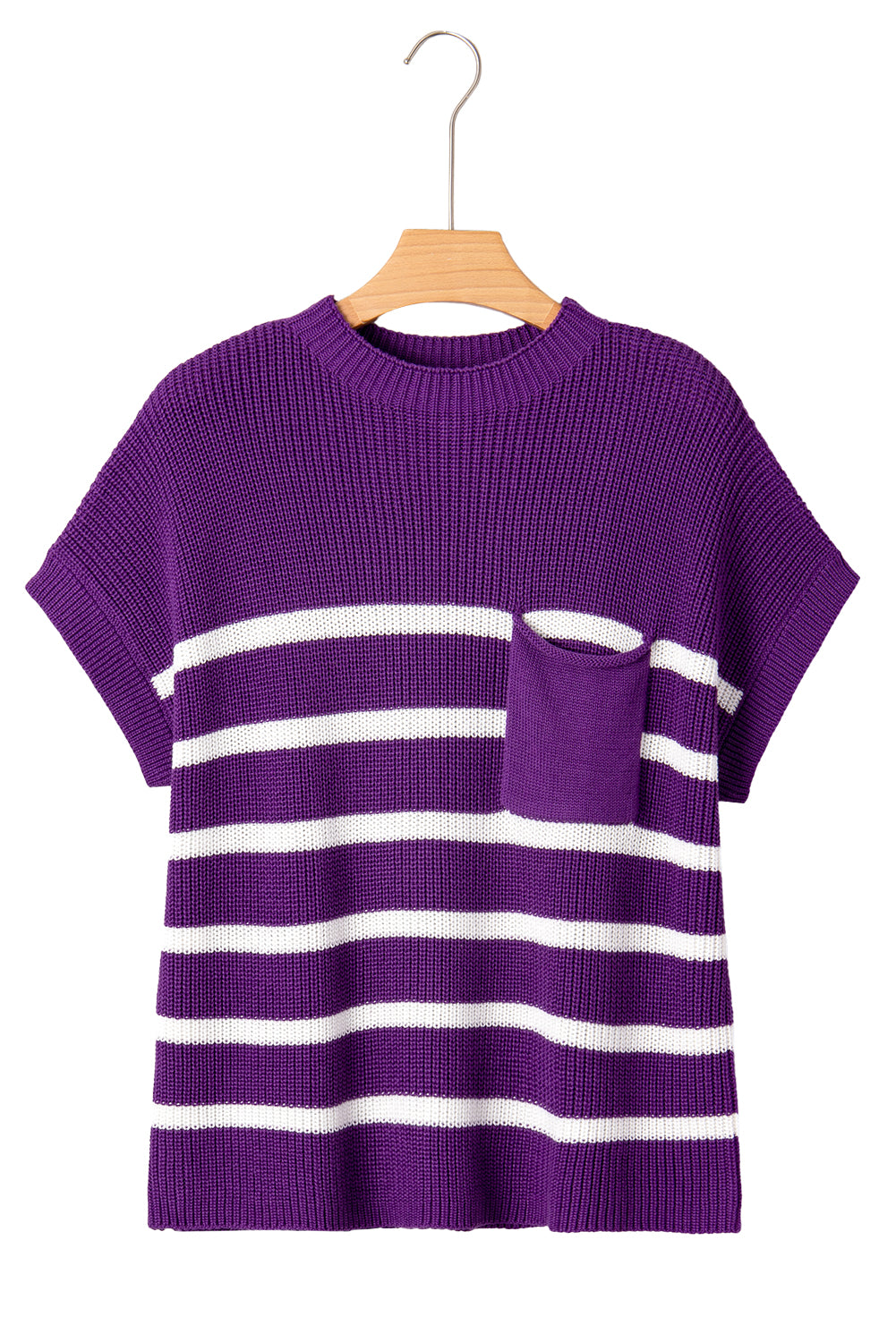 Purple Stripe Raw Edge Patched Pocket Short Sleeve Knit Sweater