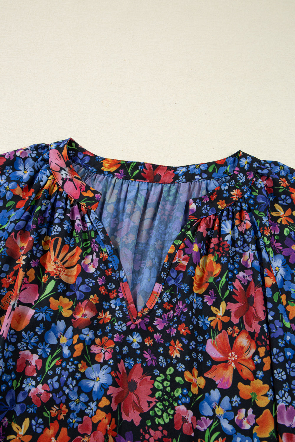 Blue Floral Print V Neck Long Sleeve Flowy Maxi Dress