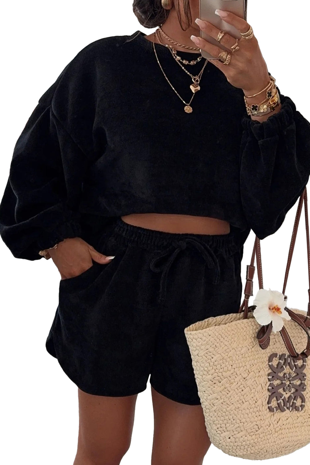 Jet Stream Textured Knit Drop Shoulder Pullover Drawstring Shorts Set