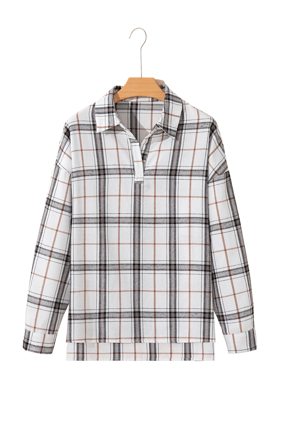 Red Plaid Print Collared V Neck Loose Blouse with Side Slits