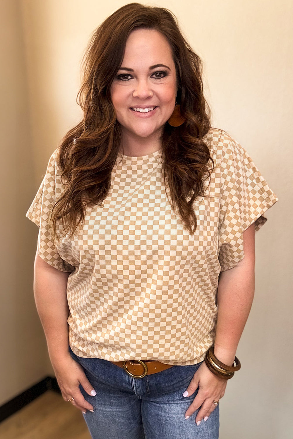 Khaki Checkered Batwing Sleeve Plus Size T Shirt