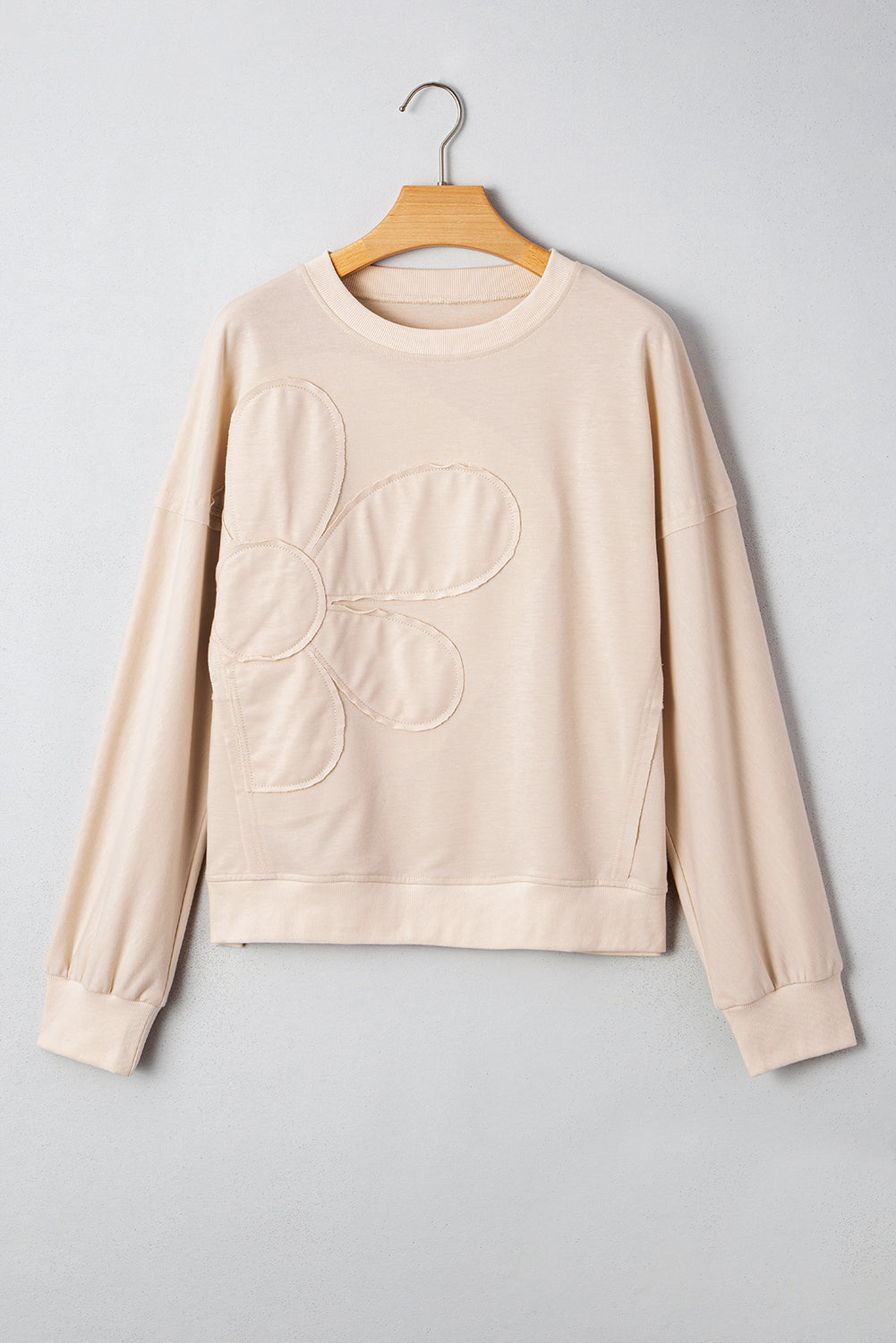 Smoke Green Raw Edge Flower Patch Drop Shoulder Long Sleeve Top