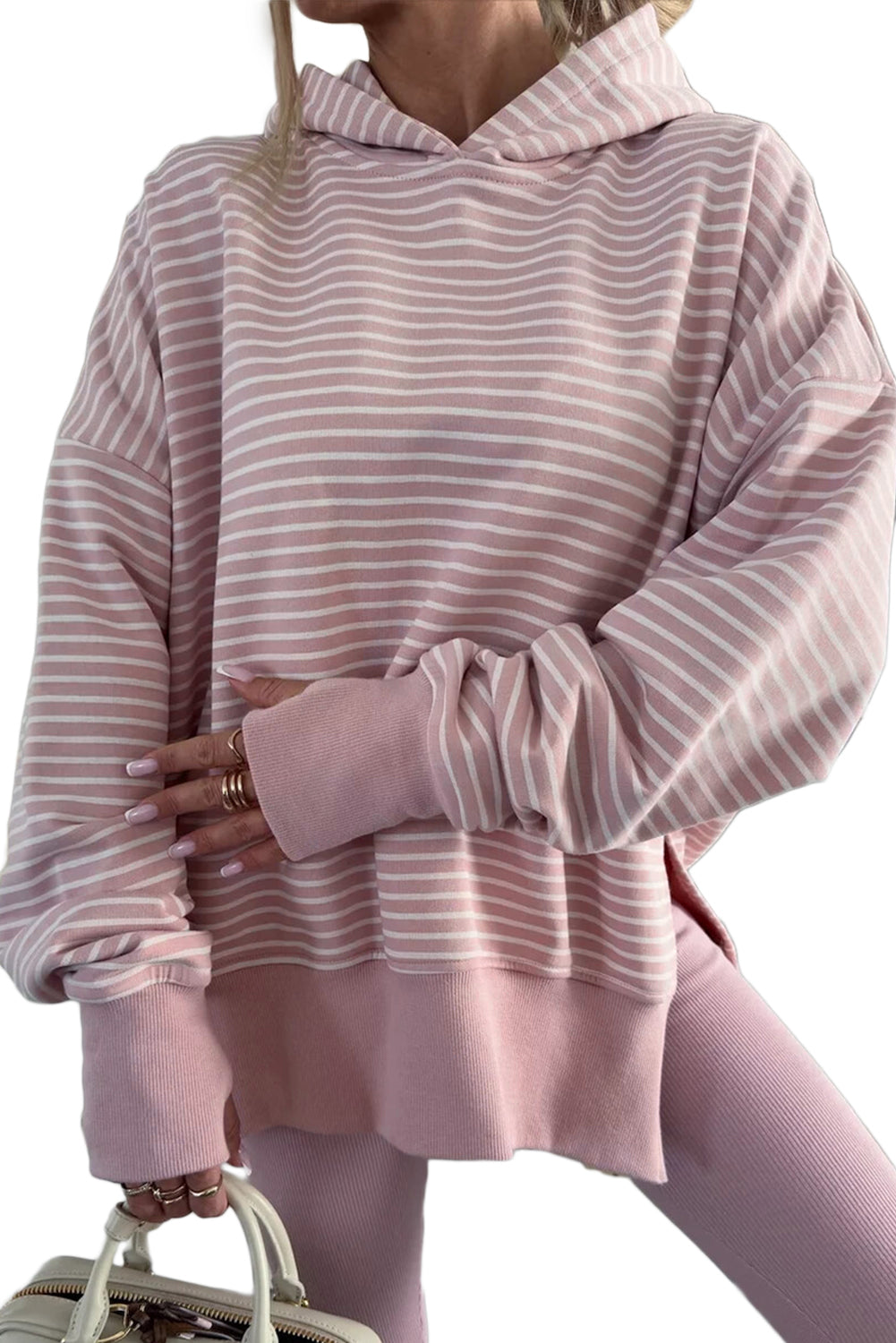 Purple Stripe Thumbhole Side Slits Drop Shoulder Loose Fit Hoodie