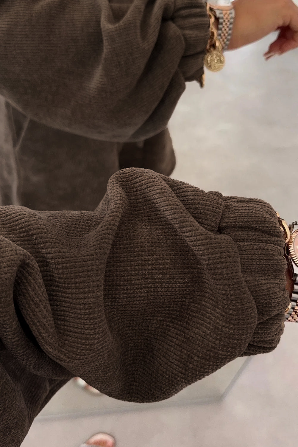 Jet Stream Textured Knit Drop Shoulder Pullover Drawstring Shorts Set