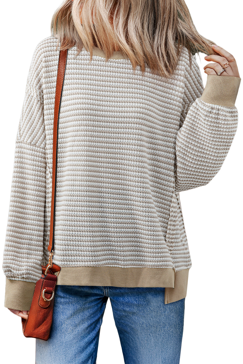 Red Stripe Ribbed Trim Drop Shoulder Long Sleeve Oversized Top
