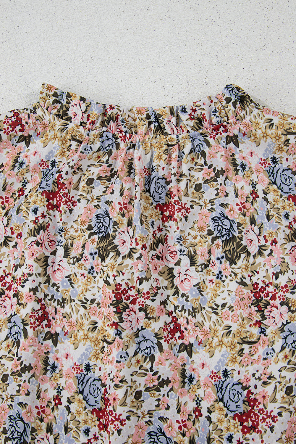 Red Boho Floral Frilled Button Neck Ruffle Short Sleeve Blouse