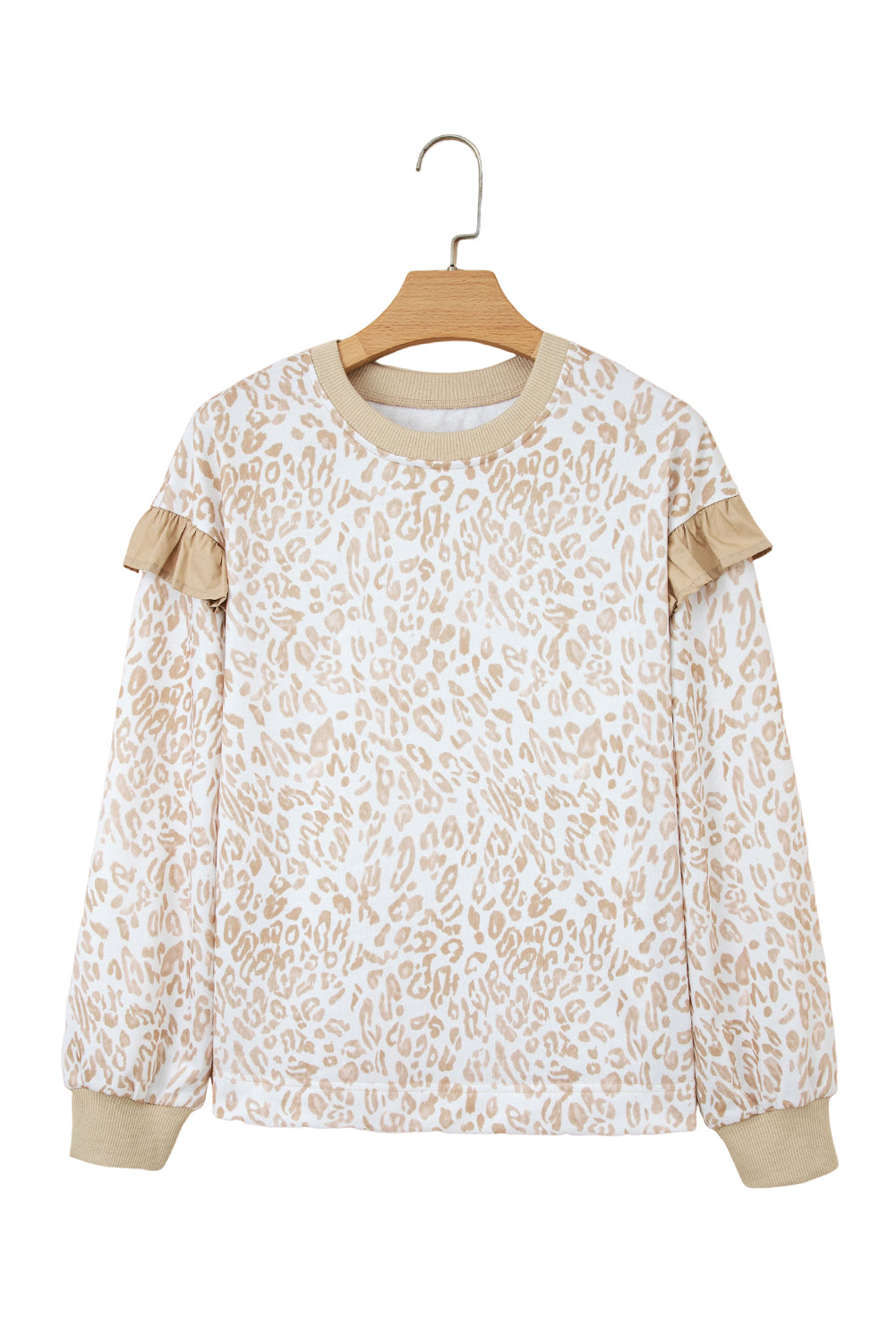 Khaki Ribbed Trim Ruffle Detail Leopard Round Neck Sweatshirt