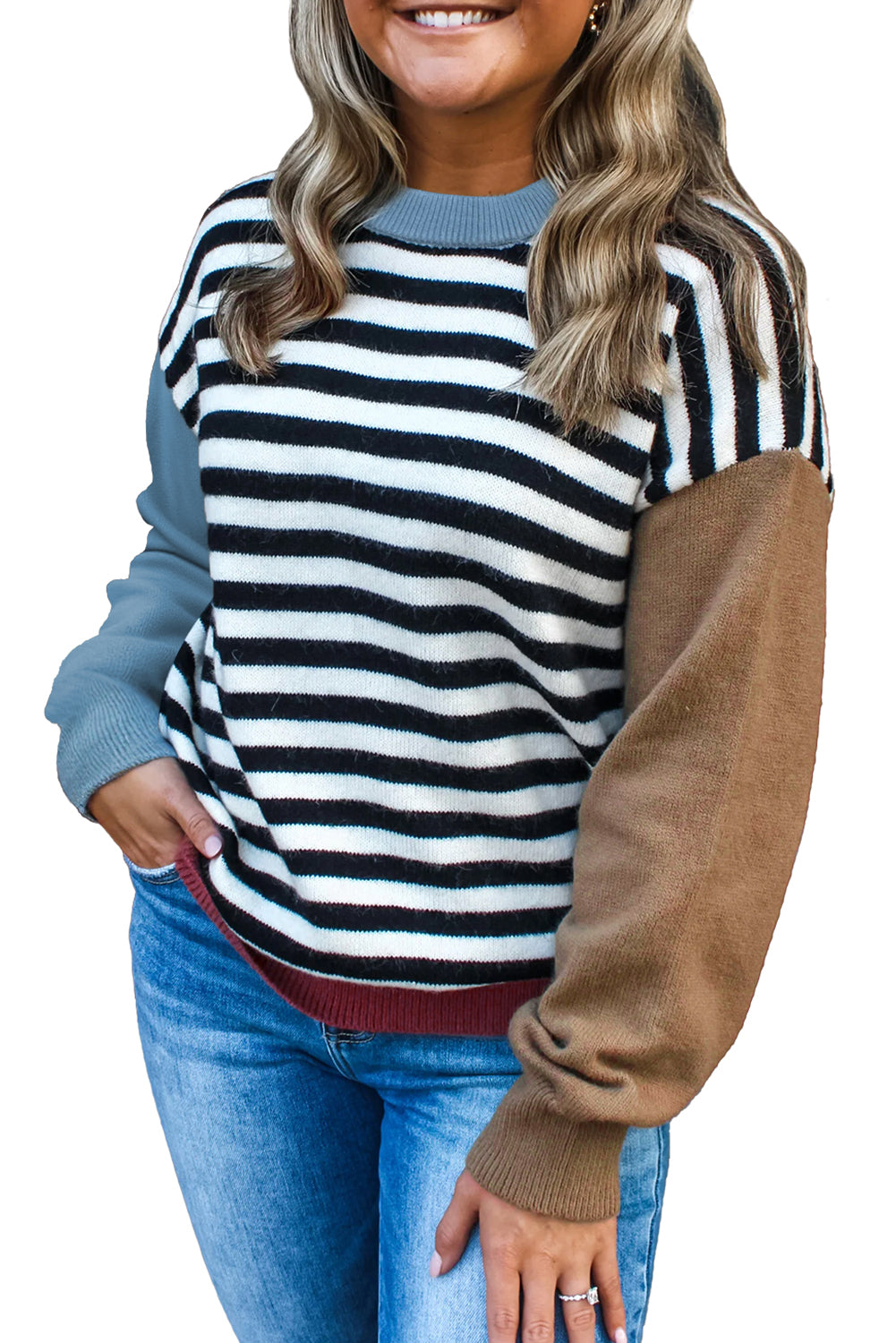 Black Striped Colorblock Patchwork Long Sleeve Sweater