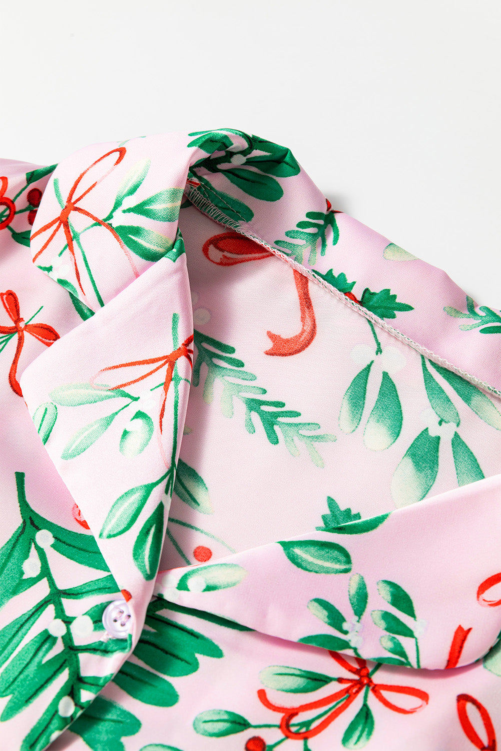 Pink Christmas Print Plush Edge Collar Shirt Pants Pajama Set