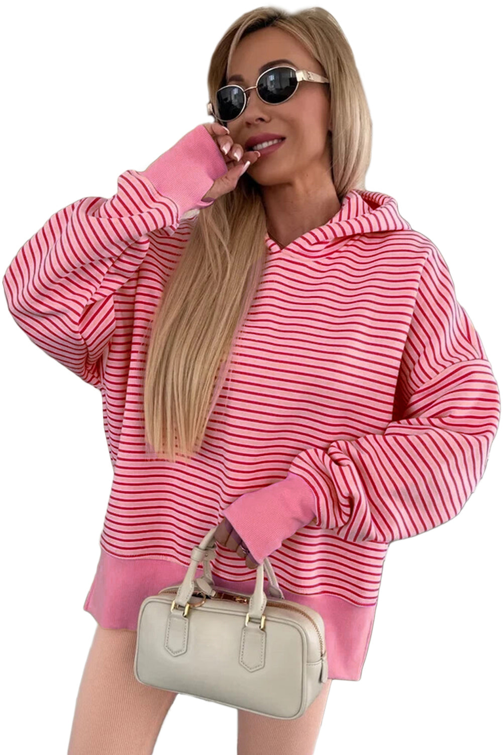 Purple Stripe Thumbhole Side Slits Drop Shoulder Loose Fit Hoodie